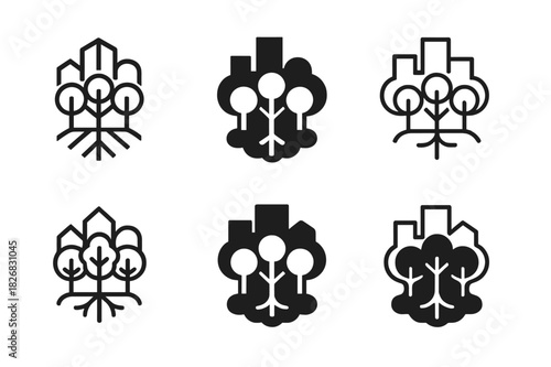 Urban Reforestation Icons. Urban reforestation. Icon set. Set Logo of urban reforestation: city skyline turning into forest canopy. harmonious logo variations