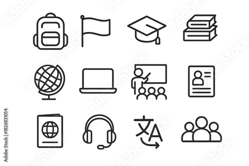 International Student Icons. International students. Line icon set of international students: backpack, flag, graduation cap, books, globe, laptop, classroom,