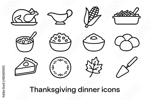 Thanksgiving Icons Set. Thanksgiving dinner. Line icon set of Thanksgiving dinner: roast turkey, gravy boat, corn on the cob, green bean casserole, cranberry