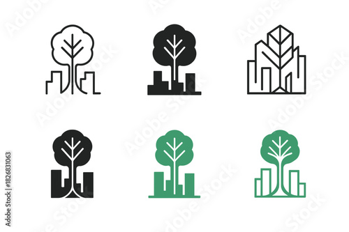 Urban Reforestation Logos. Urban reforestation. Icon set. Set Logo of urban reforestation: tree growing through city skyline. harmonious logo variations of the