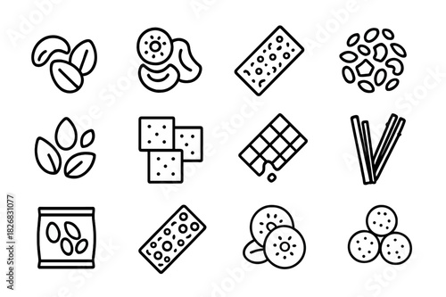 Organic Snack Icons. Organic Snacks. Line icon set of Organic Snacks: nuts, dried fruits, granola bar, trail mix, seeds, crackers, chocolate, honey sticks,