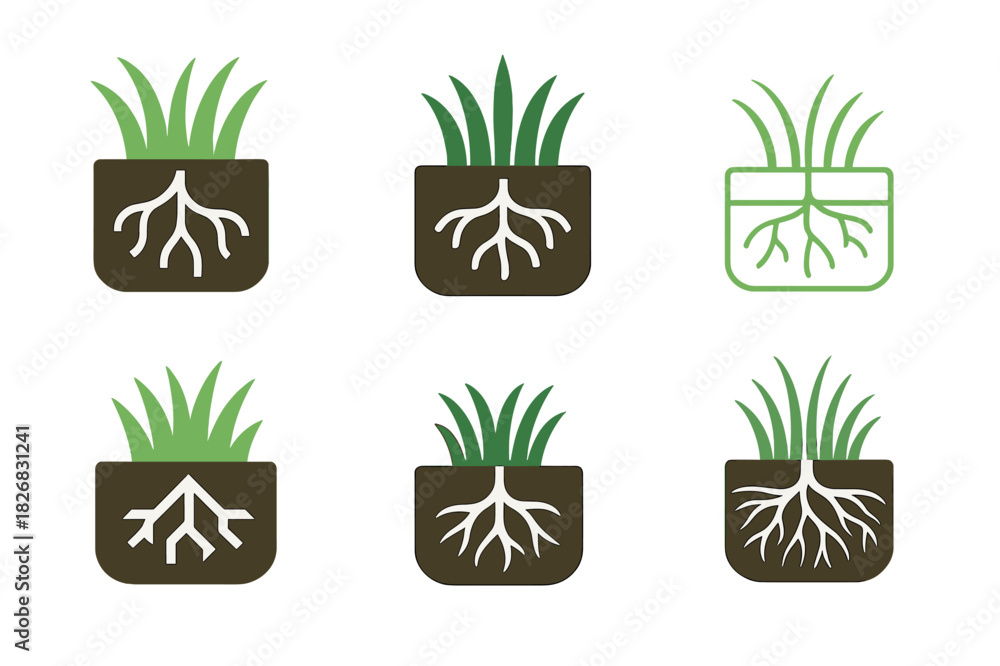 Naklejka premium Grassland Logo Variations. Grassland rehabilitation. Icon set. Set Logo of grassland rehabilitation: Soil layers with roots. harmonious logo variations of the