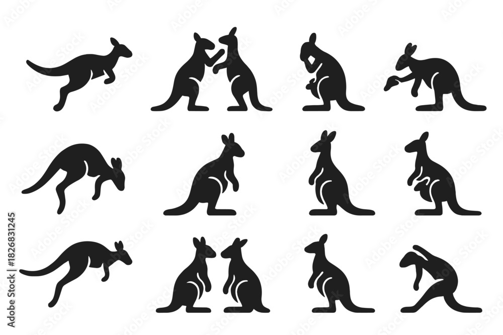 Fototapeta premium Kangaroo Icons Set. Kangaroo activity. Solid icon set of Kangaroo activity: hopping, boxing, grooming, feeding, drinking, resting, watching, carrying joey,