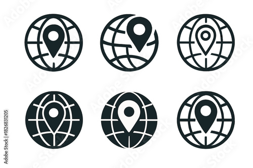 Hidden Travel Icons. Hidden travel gems. Icon set. Set Logo of hidden travel gems: globe with hidden location mark. harmonious logo variations of the same