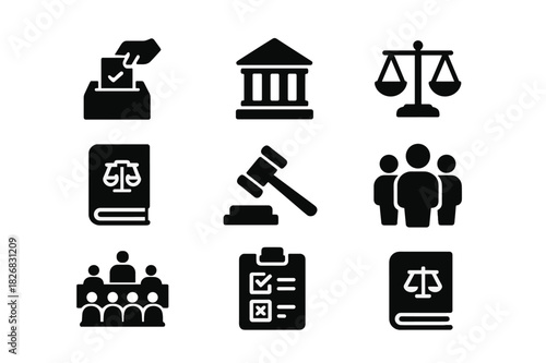 Democracy Icon Set. History of democracy. Solid icon set of The history of democracy and political systems: ballot box, voting hand, parliament building,
