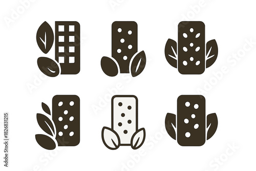 Granola Bar Logos. Granola bars. Icon set. Set Logo of granola bars: cereal ingredients icon. harmonious logo variations of the same emblematic concept, each