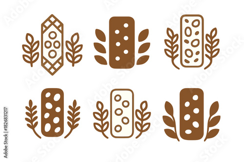 Granola Bar Logos. Granola bars. Icon set. Set Logo of granola bars: cereal ingredients icon. harmonious logo variations of the same emblematic concept, each