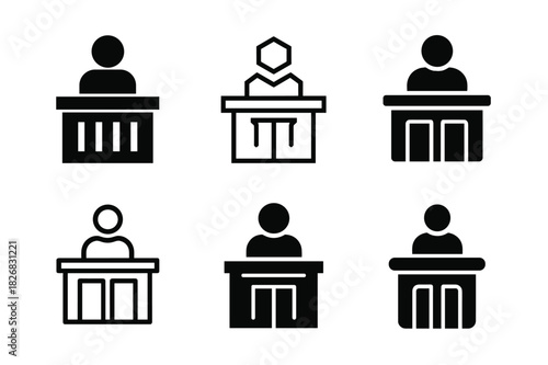 Courtroom Icon Variations. Courtroom scene with defendant. Icon set. Set Logo of courtroom: defense table and seated figure. harmonious logo variations of the