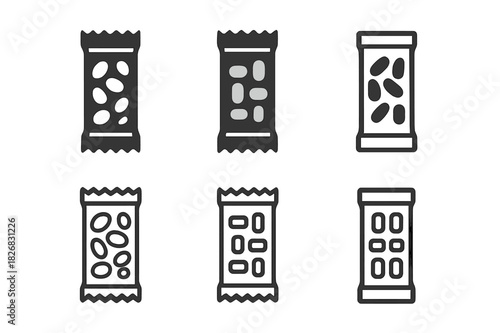 Granola Bar Logos. Granola bars. Icon set. Set Logo of granola bars: wrapped snack bar. harmonious logo variations of the same emblematic concept, each with