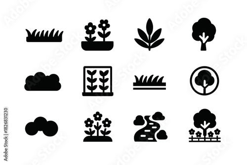 Green Spaces Icon Set. Green spaces. Solid icon set of Green spaces: grass patch, flower bed, native plant, small tree, hedge row, vertical garden, lawn, tree