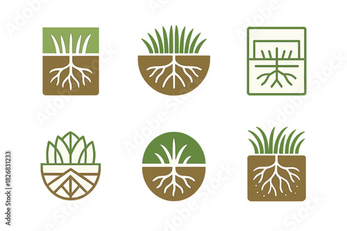 Grassland Logo Variations. Grassland rehabilitation. Icon set. Set Logo of grassland rehabilitation: Soil layers with roots. harmonious logo variations of the