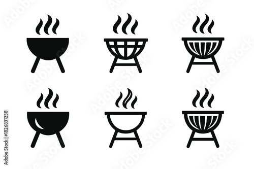 Grilling Logo Set. Grilling food. Icon set. Set Logo of grilling food: smoke rising from grill. harmonious logo variations of the same emblematic concept, each