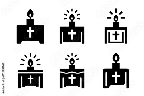 Catholic Prayers Icons. Catholic prayers. Icon set. Set Logo of Catholic prayers: lighted altar. harmonious logo variations of the same emblematic concept,