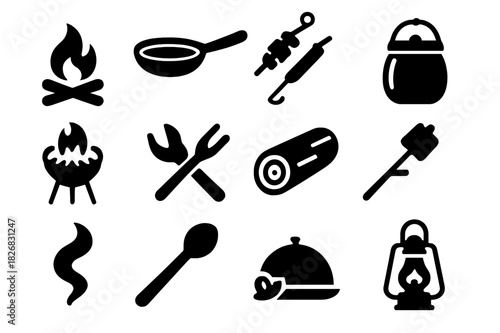 Outdoor Cooking Icons. Outdoor Cooking. Solid icon set of Outdoor Cooking: campfire, pan, skewer, pot, grill, tongs, wood log, marshmallow, smoke, spoon, food