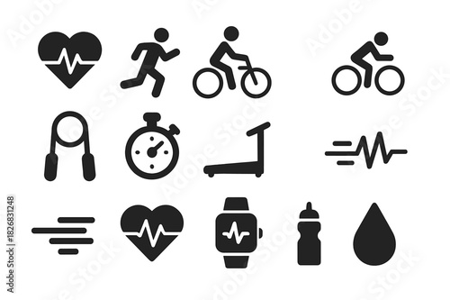 Cardio Icons Set. Cardio training. Solid icon set of cardio training: heart pulse, running person, cycling icon, jump rope, stopwatch, treadmill, speed lines,