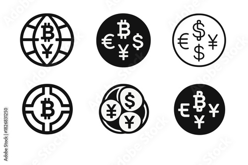 Global Currency Icons. International currency systems. Icon set. Set Logo of International currency systems: digital coin. harmonious logo variations of the