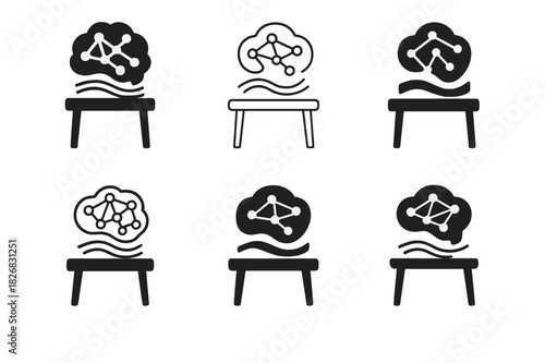 Neurodiversity Workspace Icons. Neurodiversity-friendly workspaces. Icon set. Set Logo of neurodiversity-friendly workspaces: desk with neural network and