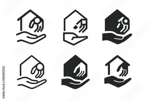 Home Robotics Icons. home robotics assistance. Icon set. Set Logo of home robotics assistance: hand and robot gesture. harmonious logo variations of the same