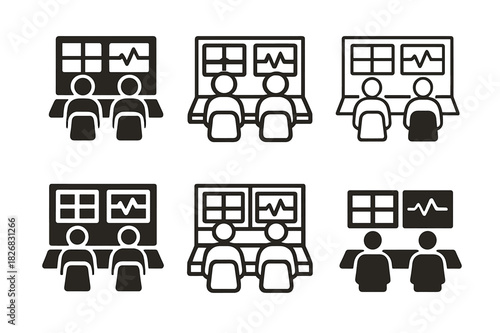 TV Control Room Logos. TV control room and technicians. Icon set. Set Logo of TV control room and technicians: signal monitor display. harmonious