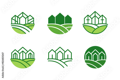 Greenhouse Logo Variations. Greenhouse farming. Icon set. Set Logo of greenhouse: row of greenhouses in landscape. harmonious logo variations of the same