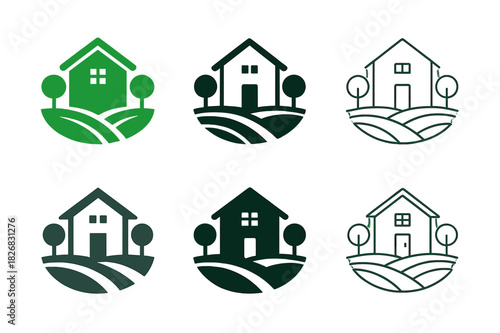 Harmonious Home Logos. Home exterior design and curb appeal. Icon set. Set Logo of home exterior design and curb appeal: landscaped yard. harmonious logo