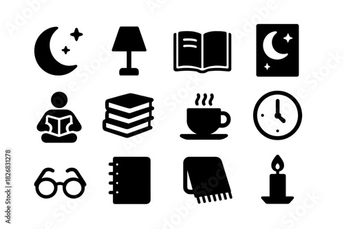 Library Night Icons. Night in the Library. Solid icon set of Night in the Library: moon, lamp, open book, window, reading person, stack of books, coffee cup,