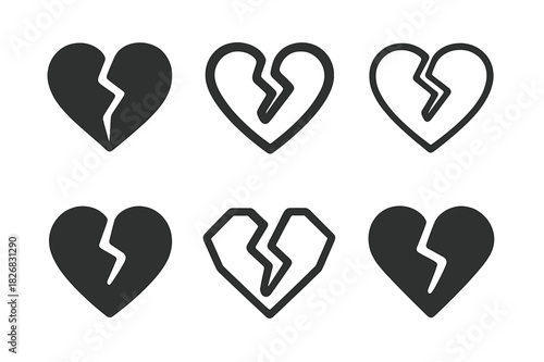 Social Risks Icons. social risks. Icon set. Set Logo of social risks: broken heart symbol. harmonious logo variations of the same emblematic concept, each with