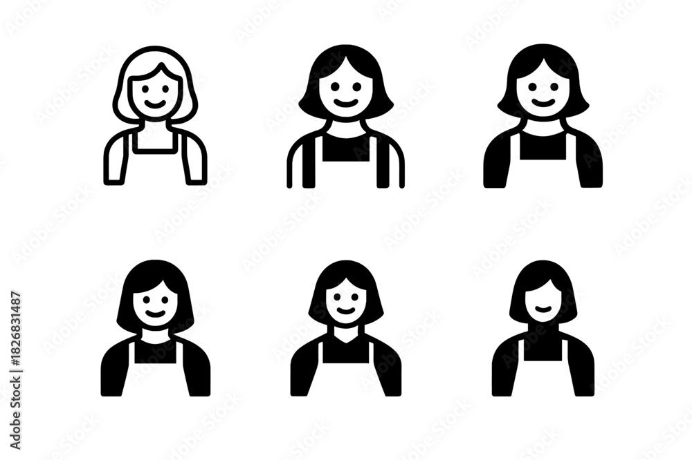 Naklejka premium Harmonious Hostess Logos. Hostess. Icon set. Set Logo of Hostess: figure with apron and smile. harmonious logo variations of the same emblematic concept, each