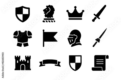 Knights and Heraldry Icons. Knights and Heraldry. Solid icon set of Knights and Heraldry: shield, crest, crown, sword, armor, flag, helmet, lance, castle,