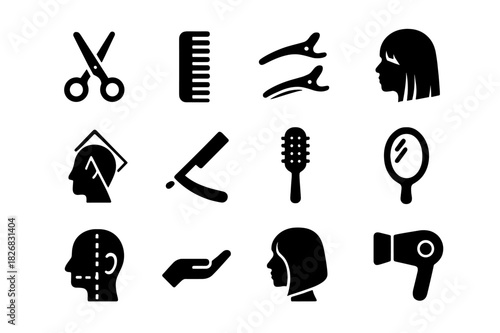 Haircutting Tools Icons. Haircutting diagram. Solid icon set of Haircutting diagram: hair scissors, comb, sectioning clips, hair layers, haircut angles, razor,