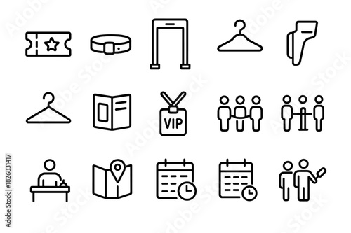 Ticketing Icons Set. Ticketing & Entry. Line icon set of Ticketing & Entry: concert ticket, wristband, entrance gate, ticket scanner, coat check, program