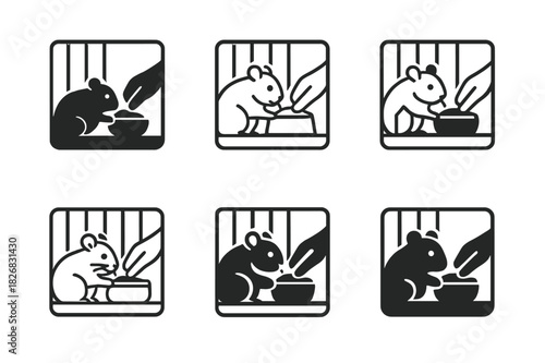 Hamster Care Icons. Feeding a hamster in its cage. Icon set. Set Logo of hamster care: hamster nibbling from bowl. harmonious logo variations of the same