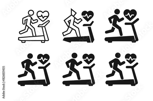Treadmill Logo Variations. Treadmill workout. Icon set. Set Logo of treadmill workout: heart rate monitor and treadmill. harmonious logo variations of the same