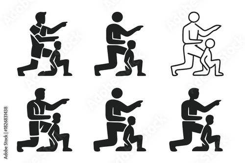 Dynamic Trainer Icons. A personal trainer demonstrating a workout move for a client. Icon set. Set Logo of a personal trainer demonstrating a workout move for