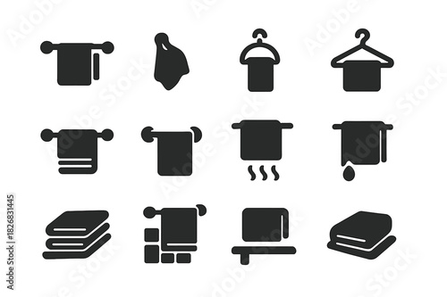 Hanging Towels Icons. Hanging Towels. Solid icon set of Hanging Towels: towel, towel bar, hook, ring, hanger, folded cloth, wall mount, steam, drop, shelf,