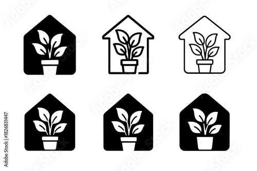 Indoor Plant Logo Icons. placing indoor plants around the house. Icon set. Set Logo of placing indoor plants around the house: large leafy plants on floor.
