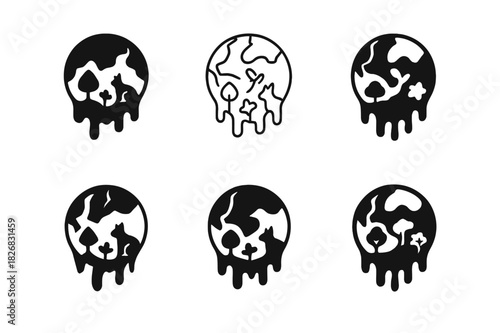 Biodiversity Loss Icons. Biodiversity loss. Icon set. Set Logo of biodiversity loss: melting globe with broken ecosystem icons. harmonious logo variations of