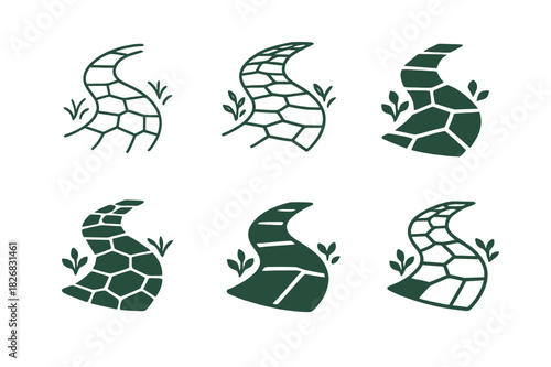 Stone Walkway Logos. Building a front walkway with stone. Icon set. Set Logo of building a front walkway with stone: curved stone path with garden edge.