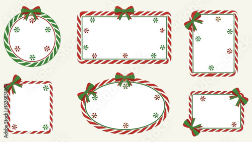 Collection of six festive Christmas-themed decorative frames and borders with candy cane designs and bows