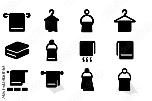 Hanging Towels Icons. Hanging Towels. Solid icon set of Hanging Towels: towel, towel bar, hook, ring, hanger, folded cloth, wall mount, steam, drop, shelf,