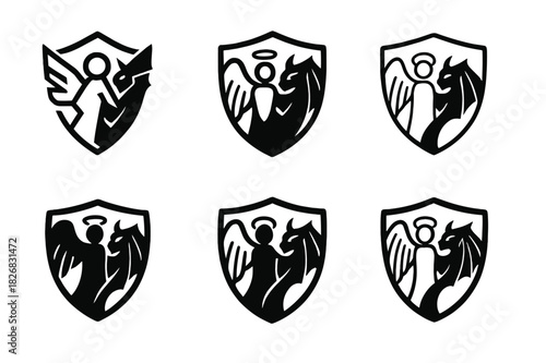 Angelic Emblem Variations. Christian beliefs about angels and demons. Icon set. Set Logo of Christian beliefs about angels and demons: protective angelic