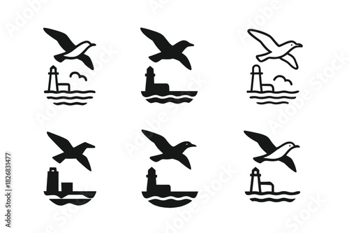 Harbor Icon Variations. Harbor view. Icon set. Set Logo of Harbor view: Seagull over harbor. harmonious logo variations of the same emblematic concept (Iconic