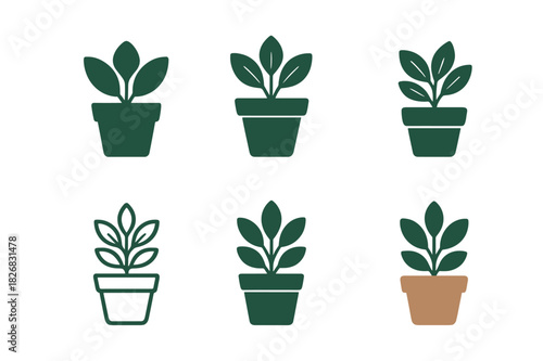 Potted Plant Logos. potted plants. Icon set. Set Logo of potted plants: herbs in clay pot. harmonious logo variations of the same emblematic concept, each with