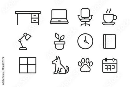 Monochrome Home Office Icons. Home office scene. Line icon set of home office scene: desk, laptop, chair, coffee cup, lamp, plant, clock, notebook, window,