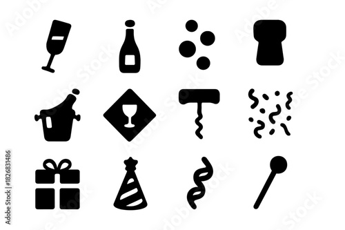 Party Icon Set. Party toast. Solid icon set of Party toast: champagne flute, bottle, bubbles, cork, ice bucket, cocktail napkin, wine opener, confetti, gift
