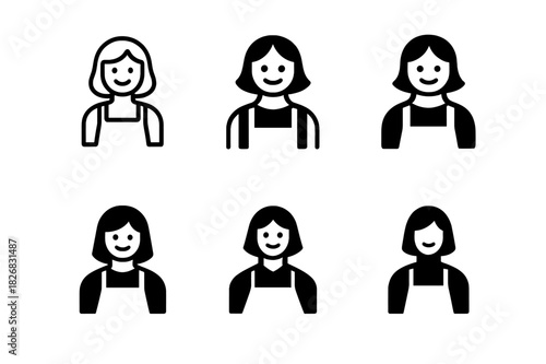 Harmonious Hostess Logos. Hostess. Icon set. Set Logo of Hostess: figure with apron and smile. harmonious logo variations of the same emblematic concept, each