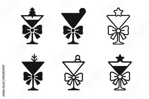 Festive Cocktail Icons. Holiday cocktail ideas for Christmas and New Year. Icon set. Set Logo of holiday cocktail ideas for Christmas and New Year: decorated