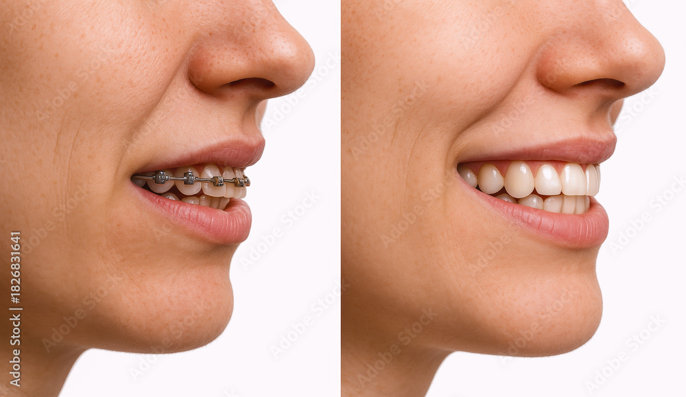 Obraz premium Woman side profile showing before after orthodontic braces removal with joyful emotion. Concept of orthodontic treatment visuals, clinic promotion, and dental alignment education.