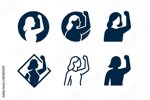 Women Leadership Icons. women in leadership. Icon set. Set Logo of women in leadership: empowering gesture. harmonious logo variations of the same emblematic