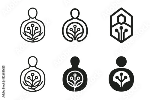 Digital Life Logos. Life in a digital world. Icon set. Set Logo of digital life: balance between tech and humanity. harmonious logo variations of the same